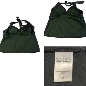 Basic Editions Solid Black Swimsuit Tankini Top Halter Tie Neck Plus Size 20